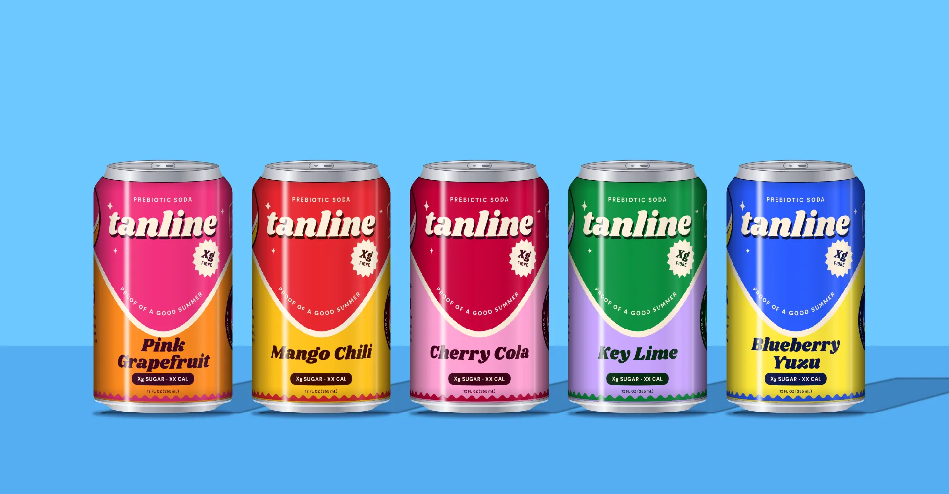 All five Tanline cans on a pool-sky sweep in hard midday sun