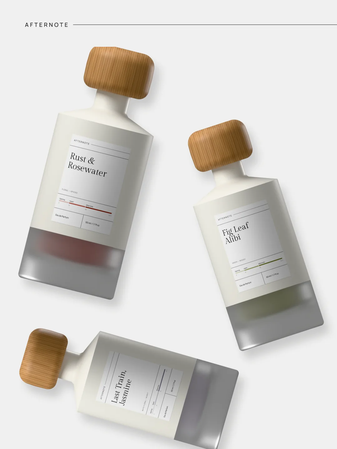 Afternote social post with three eau de parfum bottles and wooden caps