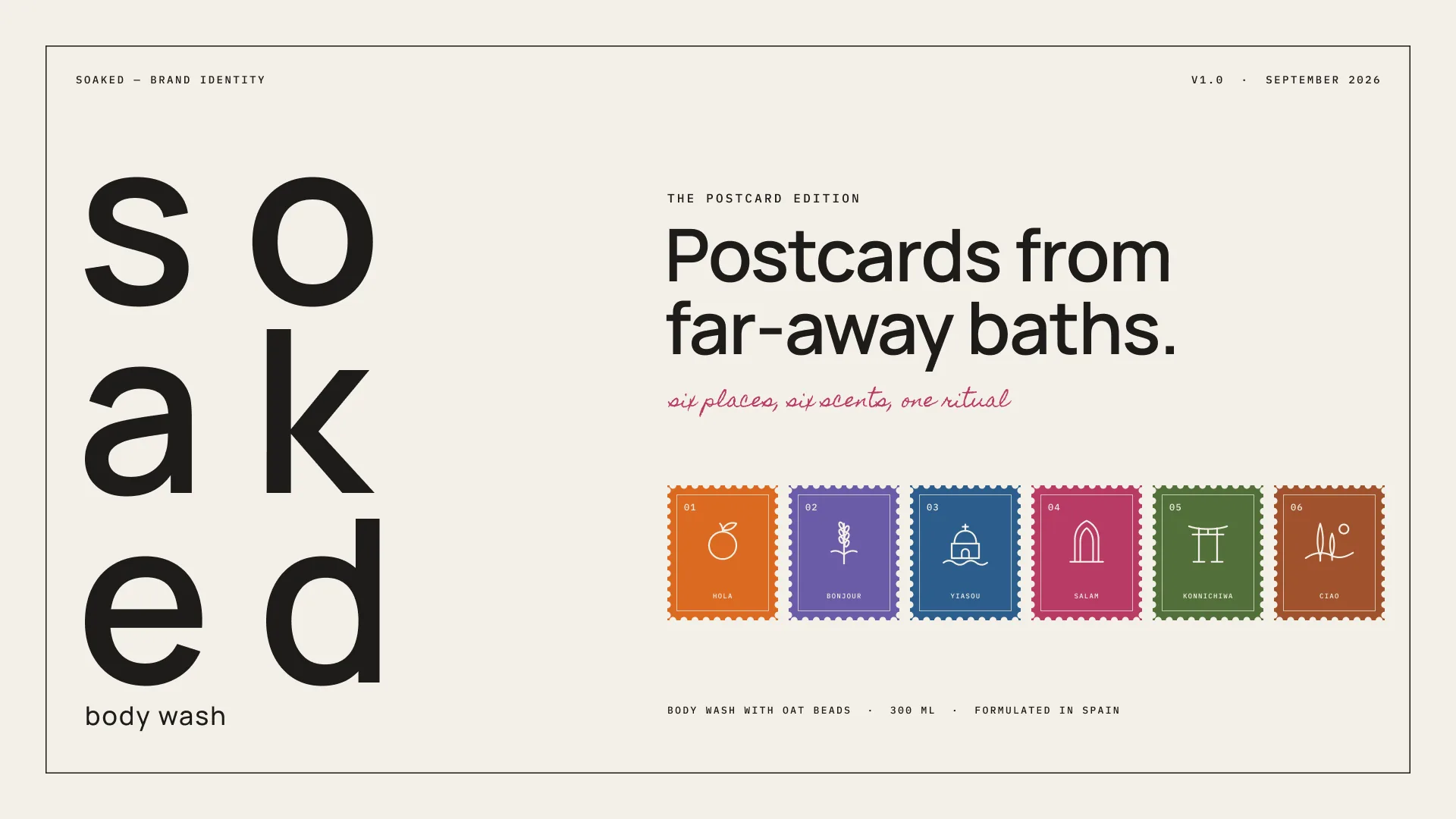 Soaked body wash cover: stacked wordmark and six postage stamps