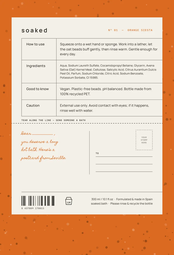 Soaked back label with a tear-off postcard