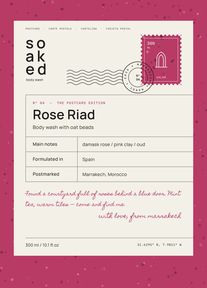 Soaked Rose Riad front label on the beaded wash