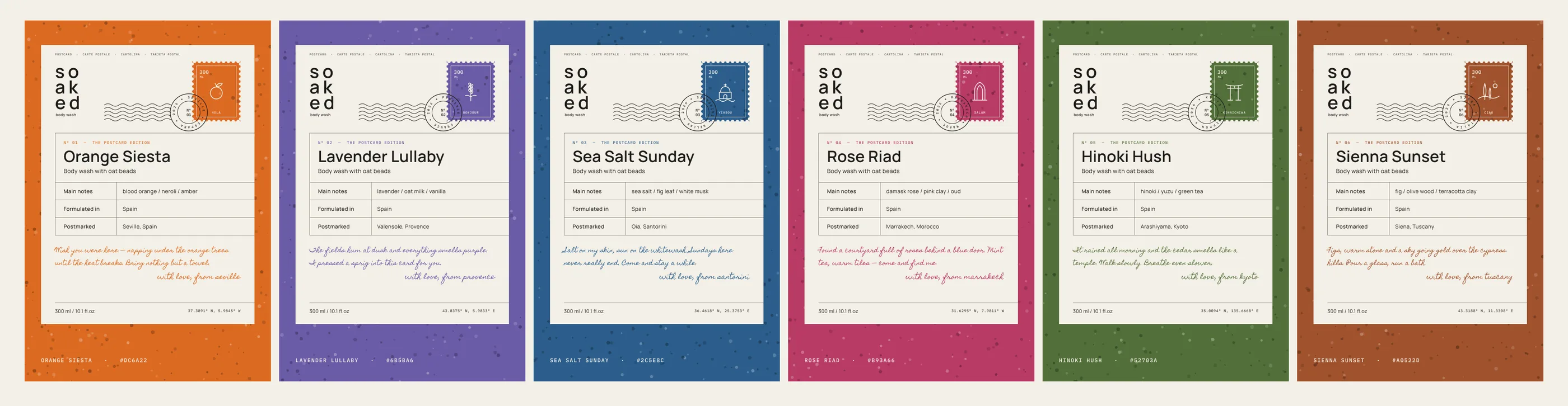 The six Soaked front labels, each the back of a postcard