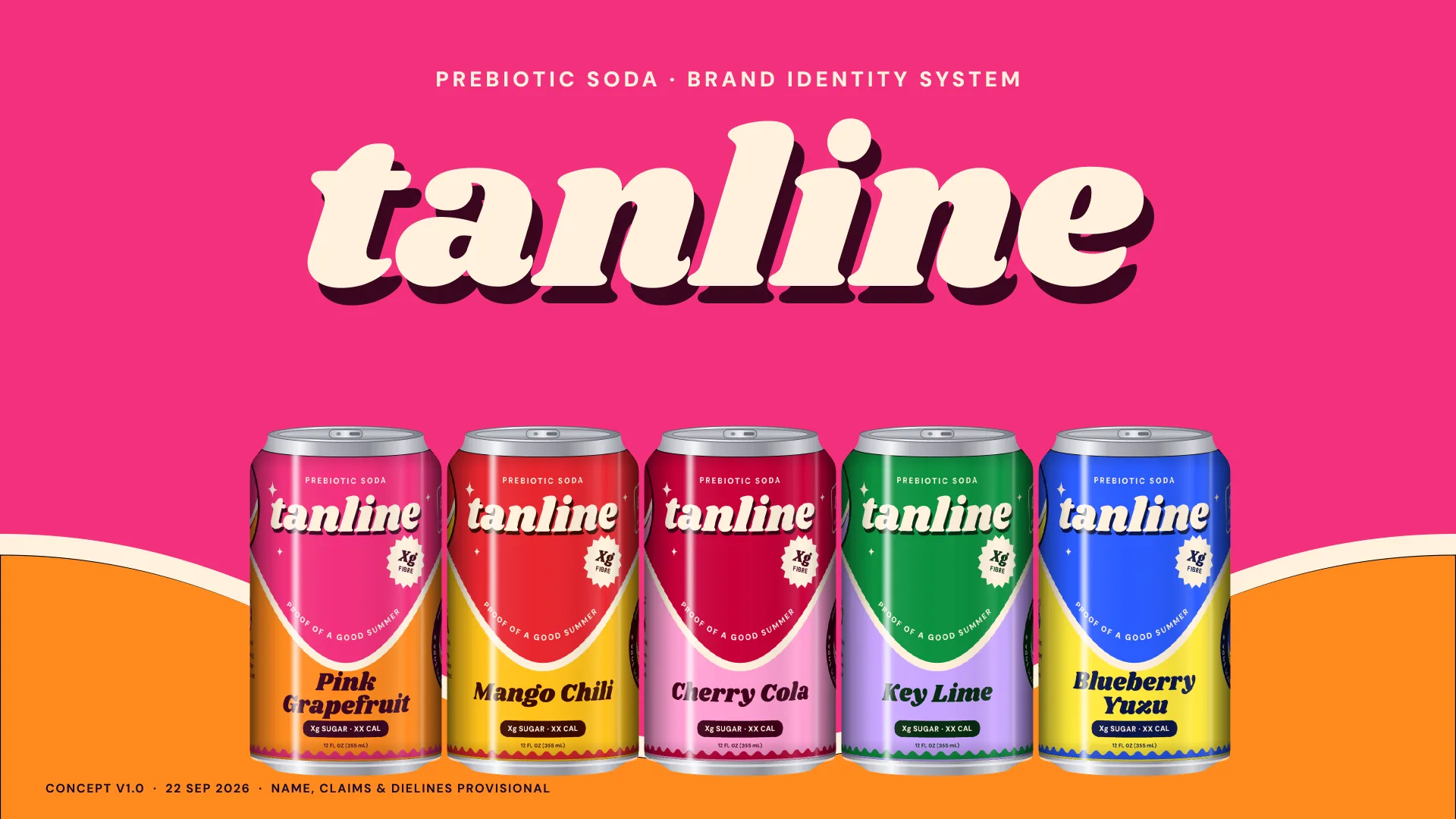 Tanline prebiotic soda cover with the wordmark and five flavour cans