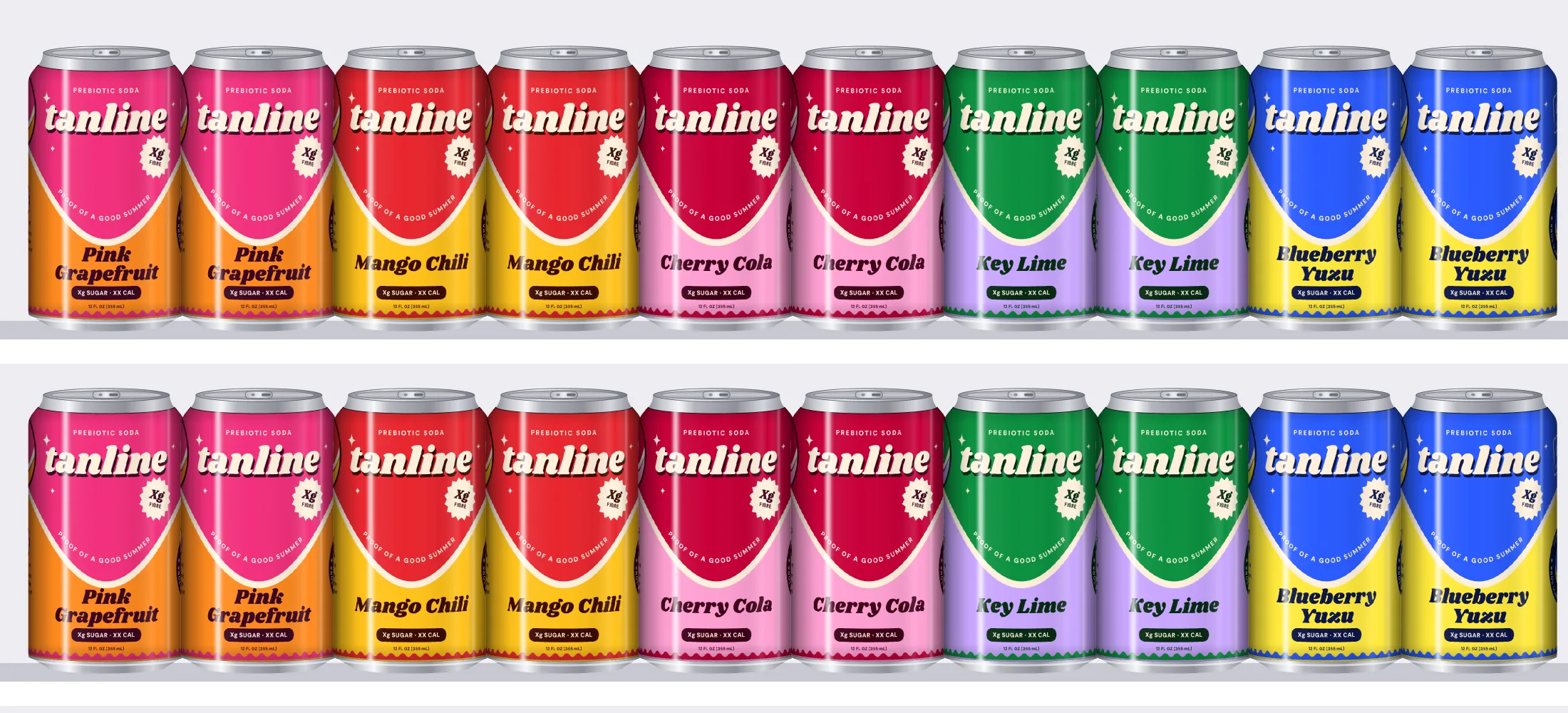 Tanline cans on two chiller shelves